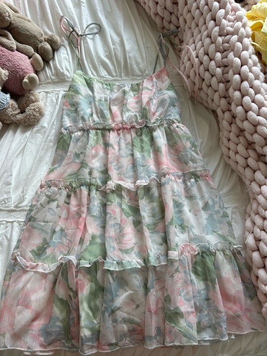 SHEIN Dresses & Skirts - SHEIN Pink & Green Floral Tiered Mini Dress